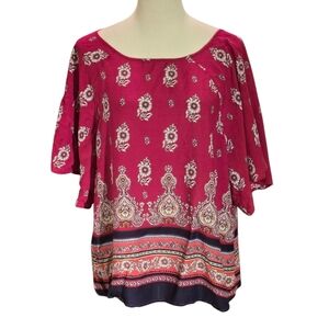 BLL New York Floral Print Women's Top Red White Black Kimono sleeves Boho size L